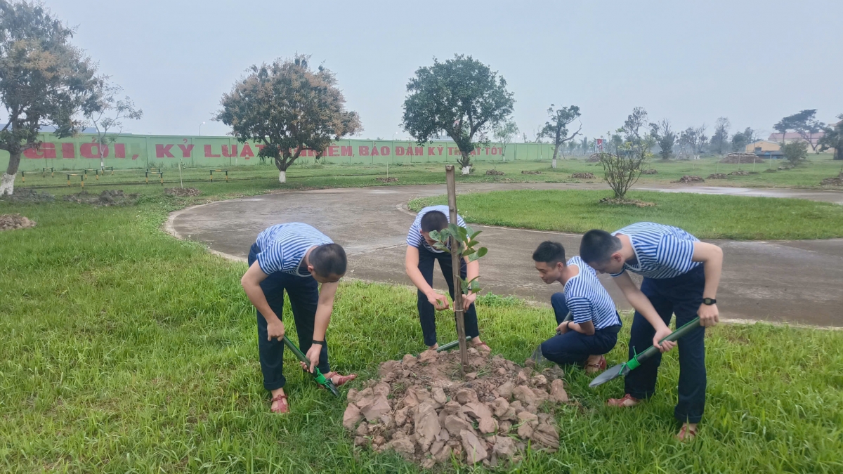 Chiến sĩ mới chăm sóc cây cảnh