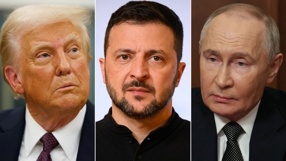 Từ trái sang: Tổng thống Mỹ Donald Trump, Tổng thống Ukraine Volodymyr Zelensky và Tổng thống Nga Vladimir Putin