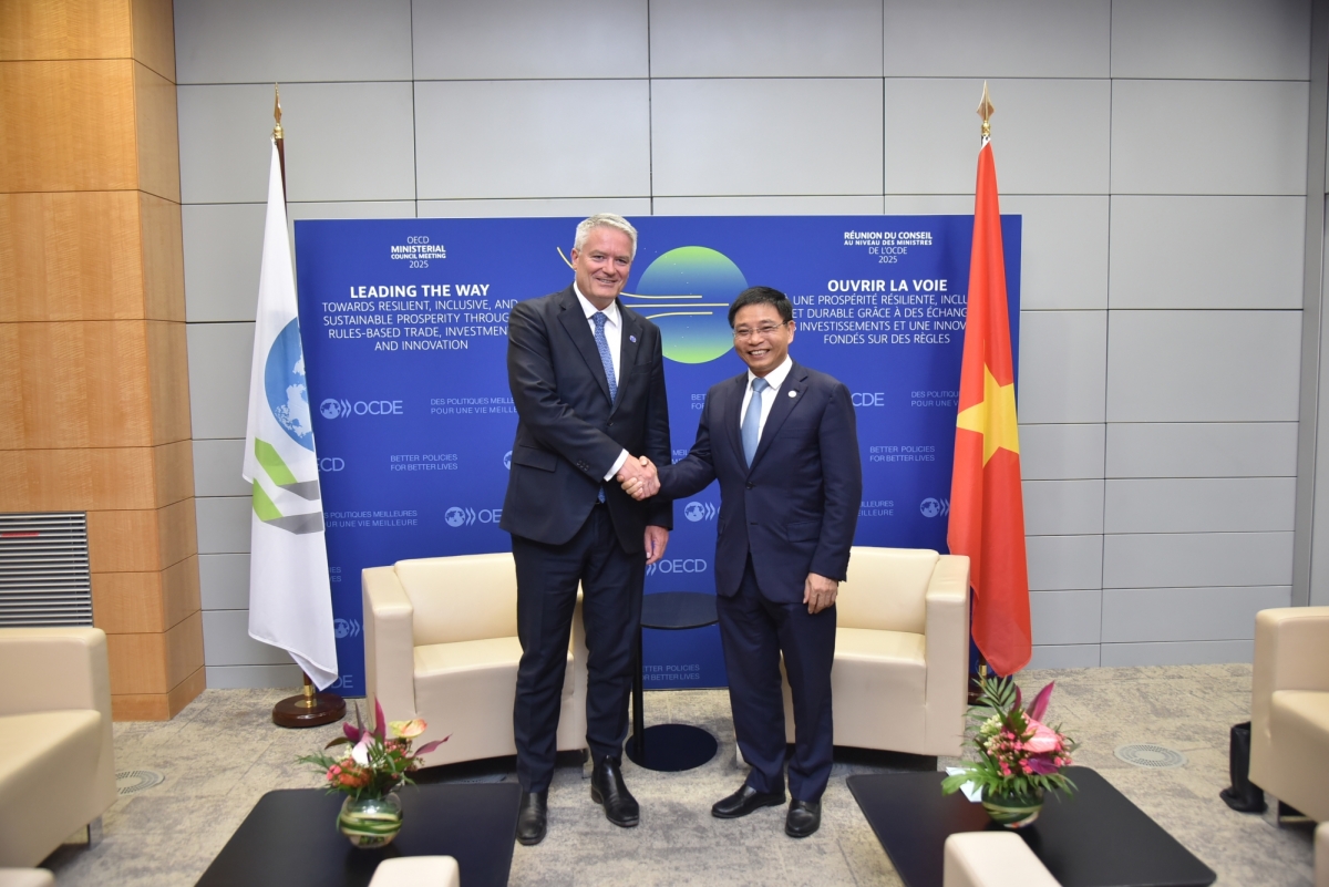 Bộ trưởng Bộ Tài chính Nguyễn Văn Thắng gặp Tổng Thư ký OECD Mathias Cormann - Ảnh: Anh Tuấn/VOV