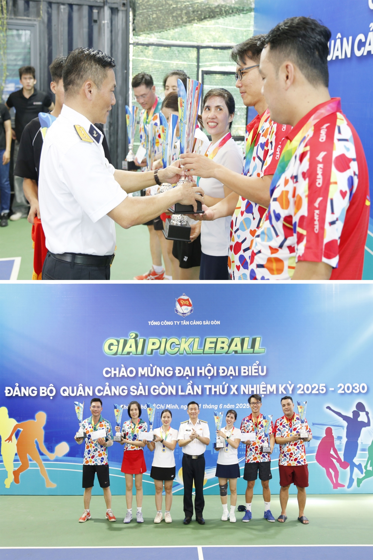 Đại tá Bùi Văn Quỳ trao giải Nhất cho đôi nam, đôi nữ và đôi nam nữ