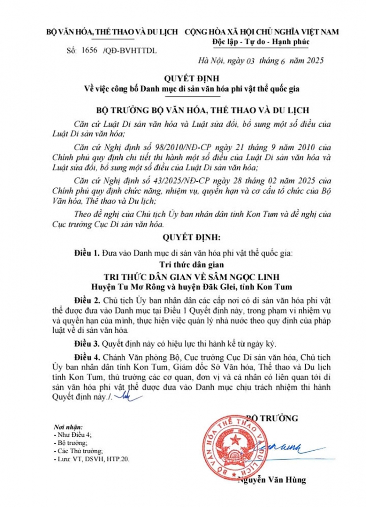 Quyết định số 1656 ngày 3/6/2025 của Bộ Văn hoá, Thể thao và Du lịch.