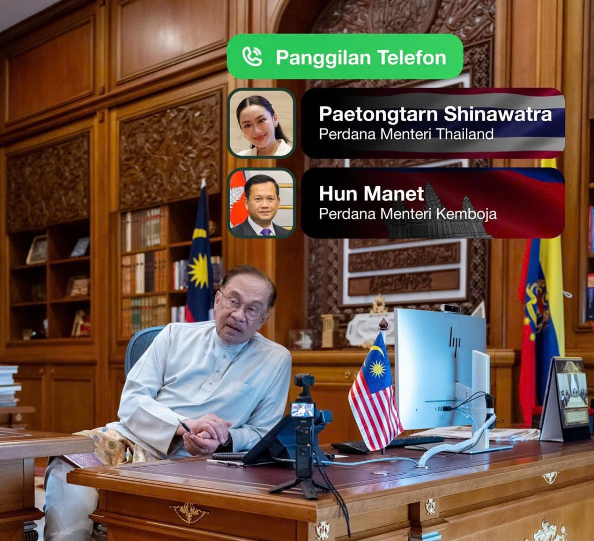 Thủ tướng Malaysia Anwar Ibrahim trong cuộc thảo luận trực tuyến với Thủ tướng Thái Lan Paetongtarn Shinawatra và Thủ tướng Campuchia Hun Manet chiều 6/6/2025. Ảnh: FB Thủ tướng Anwar Ibrahim