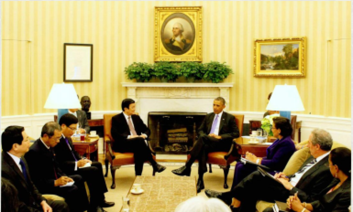 Ngày 25/7/2013, tại Nhà trắng ở Washington DC, Thủ tướng Hợp chủng quốc Hoa Kỳ Barack Obama hội đàm với Chủ tịch nước Trương Tấn Sang. 
Nguồn: Nguyễn Khang – TTXVN.
