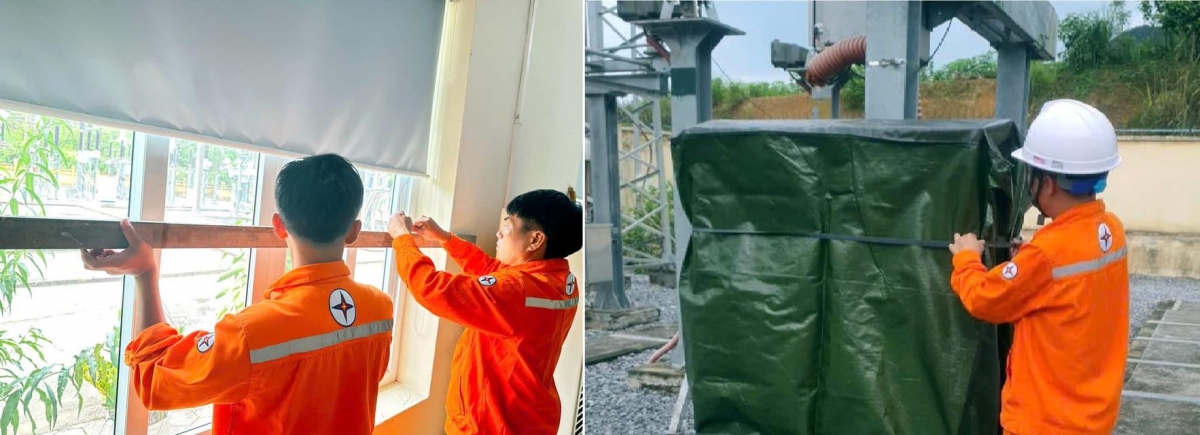 Công nhân XN 110kV Thanh Hóa chằng néo cửa nhà điều hành và bao bọc các thiết bị ngoài trời của TBA
