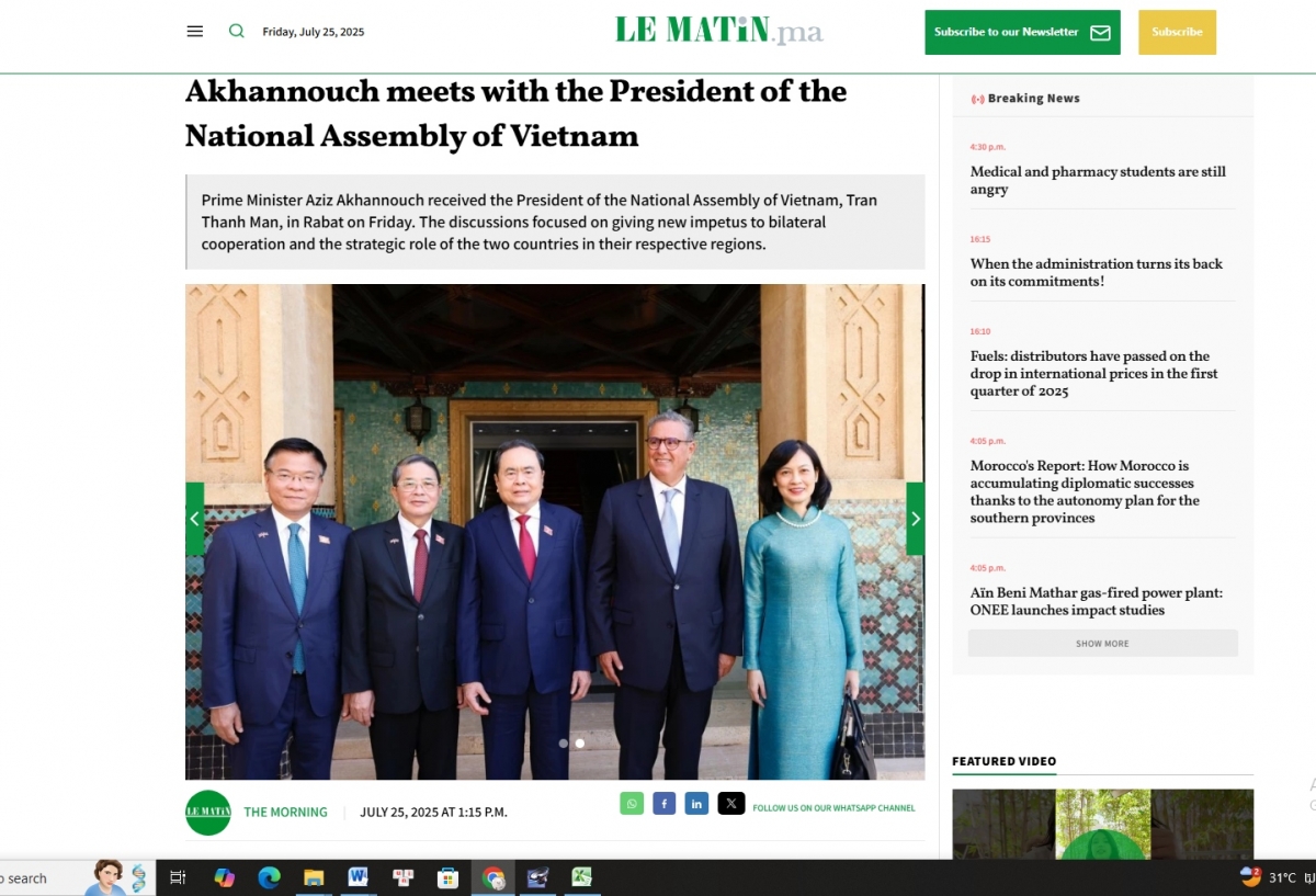 Báo chí Morocco đưa tin đậm nét về chuyến thăm của Chủ tịch Quốc hội Trần Thanh Mẫn
