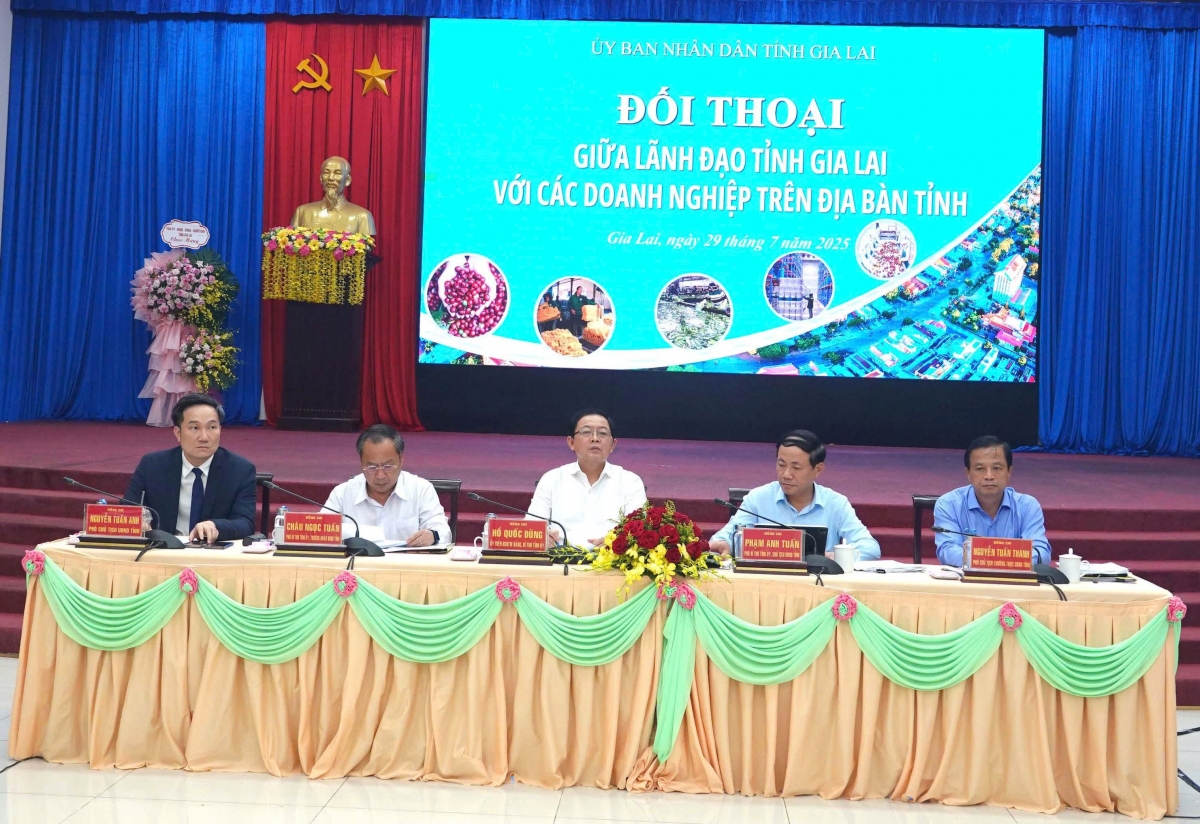 Lãnh đạo Tỉnh uỷ, UBND tỉnh Gia Lai đối thoại cùng doanh nghiệp. (Ảnh: Nguyễn Thảo)