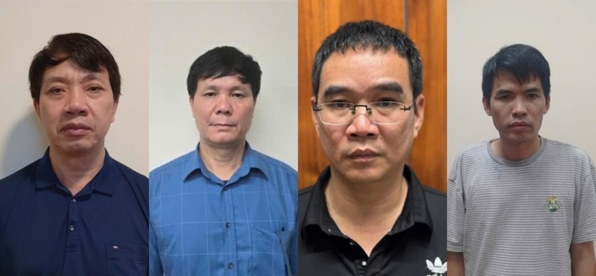 Từ trái qua phải: Bị can Lê Đức Giang, Phạm Văn Hoành, Nguyễn Văn Tâm và Nguyễn Thế Hùng. Ảnh: CQCA