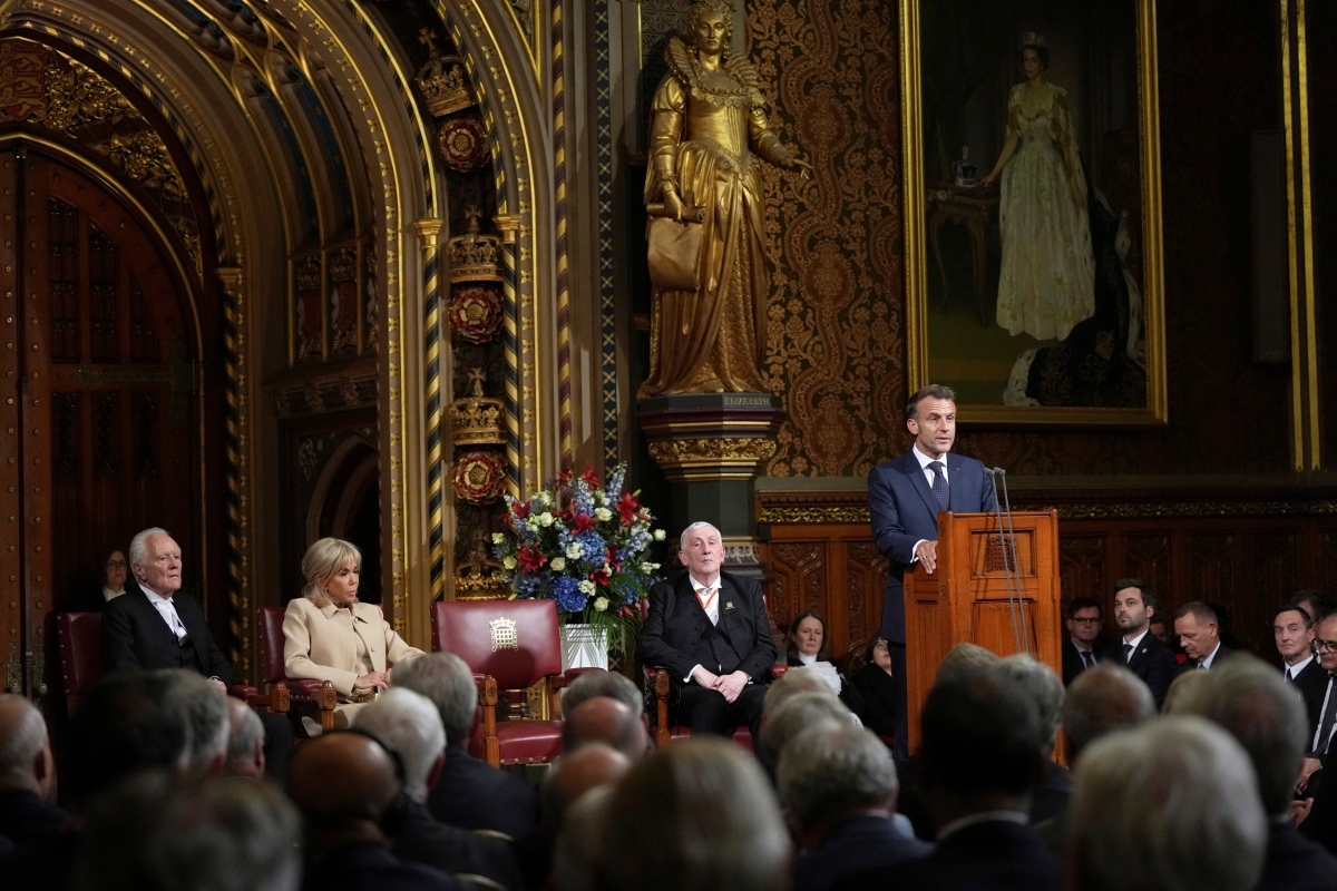 Tổng thống Pháp Emmanuel Macron phát biểu trước Quốc hội Anh tại Cung điện Westminster, London, thứ Ba, ngày 8 tháng 7 năm 2025. (Nguồn: Reuters)
