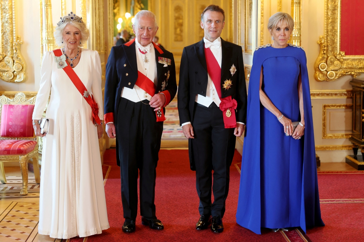 Vua Anh Charles, Hoàng hậu Camilla, Tổng thống Pháp Emmanuel Macron và Phu nhân Brigitte Macron tham dự Tiệc chiêu đãi cấp nhà nước tại Lâu đài Windsor, Berkshire, Anh, ngày 8 tháng 7 năm 2025 (Nguồn: Reuters)