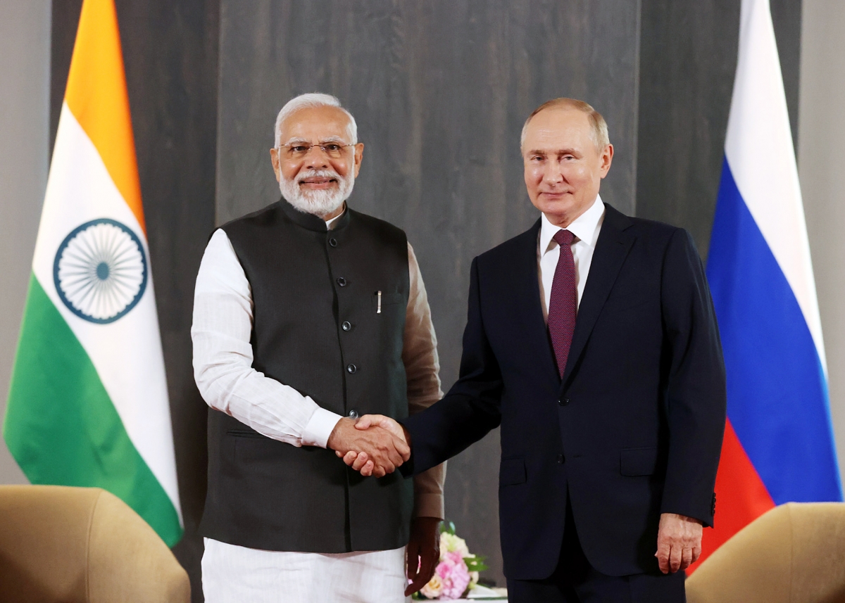 Thủ tướng Ấn Độ Narendra Modi và Tổng thống Nga Vladimir Putin tại cuộc gặp song phương ở Samarkand, Uzbekistan tháng 9/2022 (ANI)