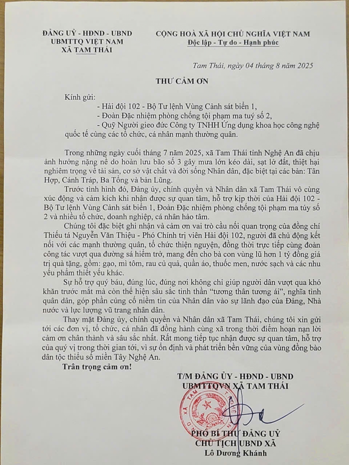 Lá thư cảm ơn của chính quyền xã Tam Thái