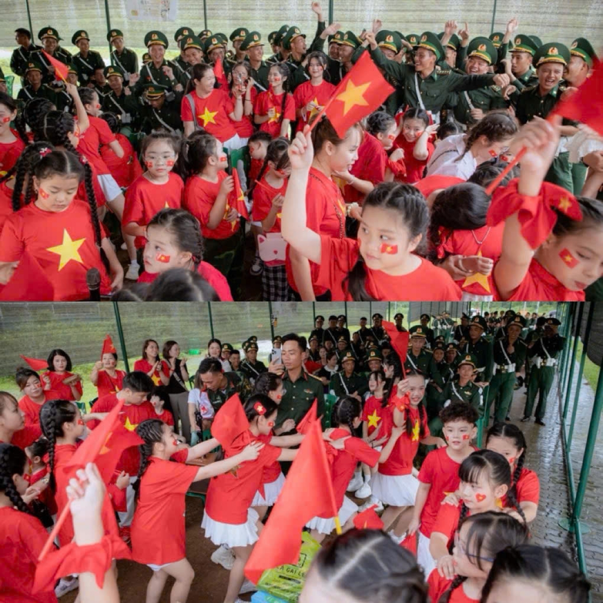 Dù trời mưa to nhưng không giảm đi không khí giao lưu của các chú bộ đội khối sỹ quan Biên phòng - Quân khu 1và các em học sinh CLB Nghệ thuật LynC