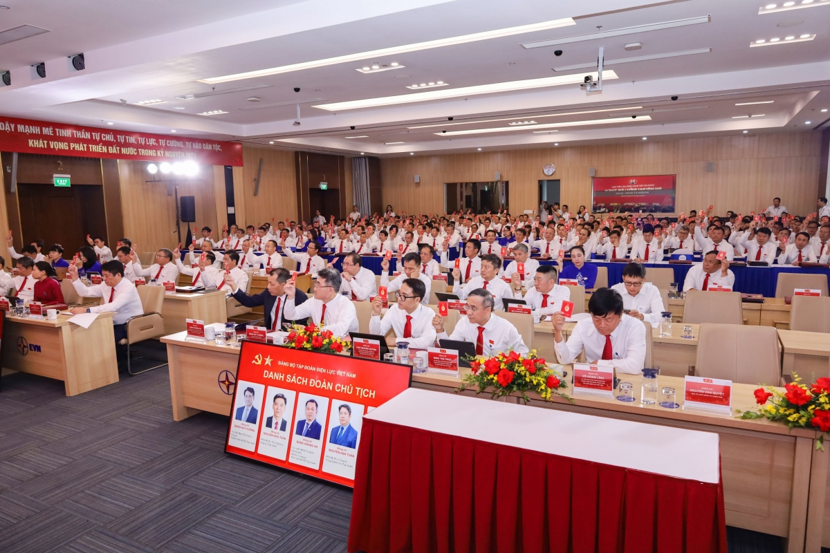 Các đại biểu biểu quyết tại phiên trù bị Đại hội đại biểu Đảng bộ Tập đoàn Điện lực Việt Nam lần thứ IV, nhiệm kỳ 2025-2030 (ảnh web EVN)