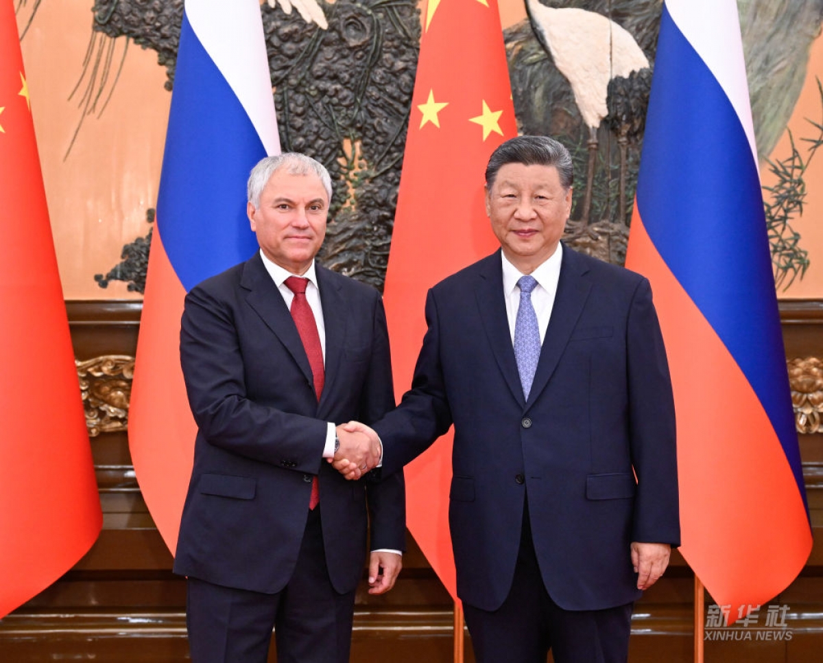 Chủ tịch Trung Quốc Tập Cận Bình và Chủ tịch Duma Quốc gia Nga (Hạ viện) Vyacheslav Volodin ngày 26/08. Ảnh: Tân Hoa xã