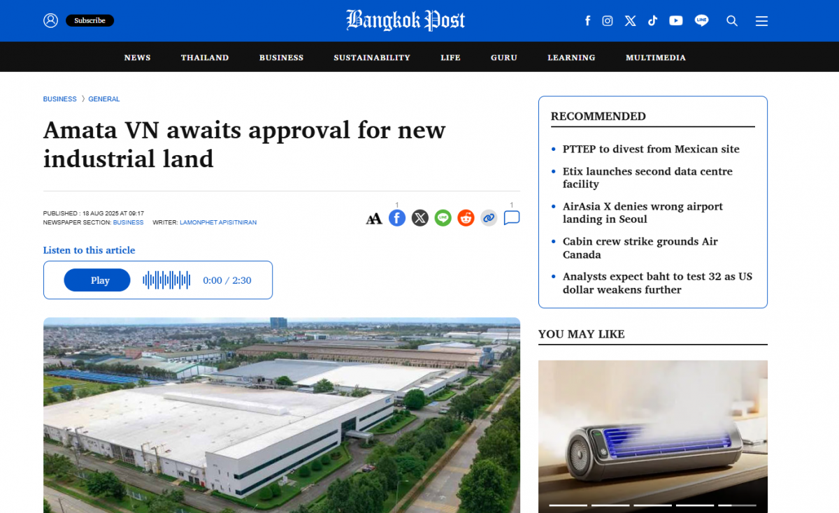 Ảnh bài báo đăng trên Bangkok Post ngày 18/8 - Công ty Amata Việt Nam đang chờ phê duyệt kế hoạch phát triển khu công nghiệp mới