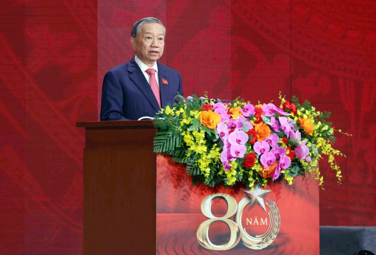 Tổng Bí thư Tô Lâm trình bày diễn văn Lễ kỷ niệm.