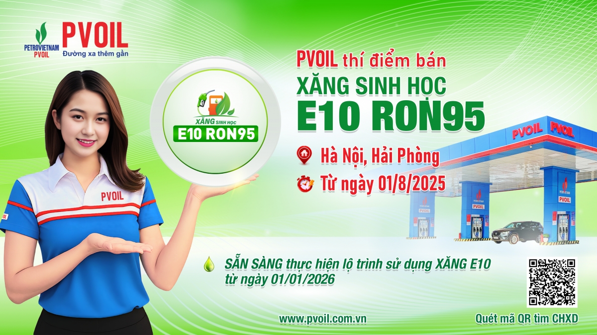 PVOIL thí điểm bán xăng sinh học E10 RON95 tại các cửa hàng xăng dầu (CHXD) trên địa bàn TP. Hà Nội
và TP. Hải Phòng.