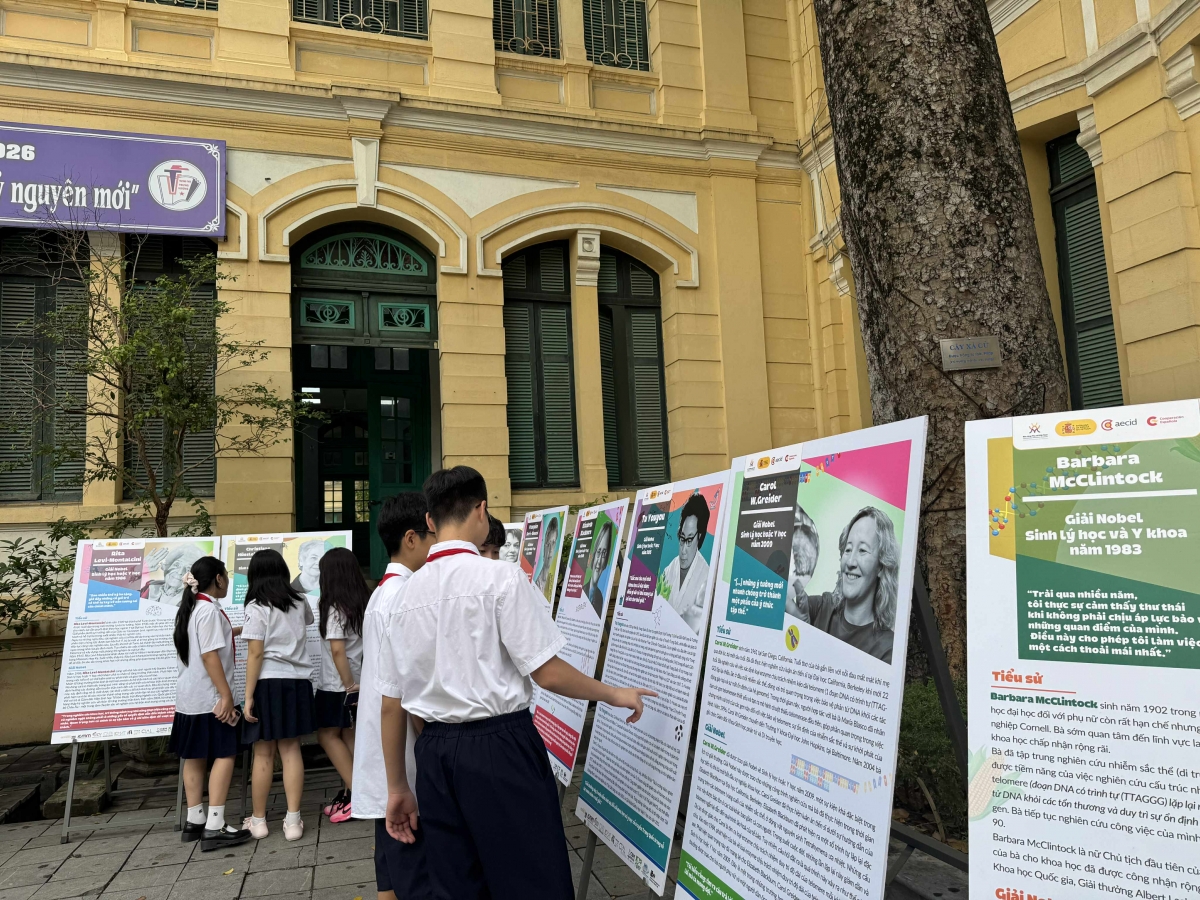 Học sinh tham quan không gian triển lãm “Escape Road - Hành trình tìm kiếm các nhà khoa học tương lai đạt giải Nobel”.