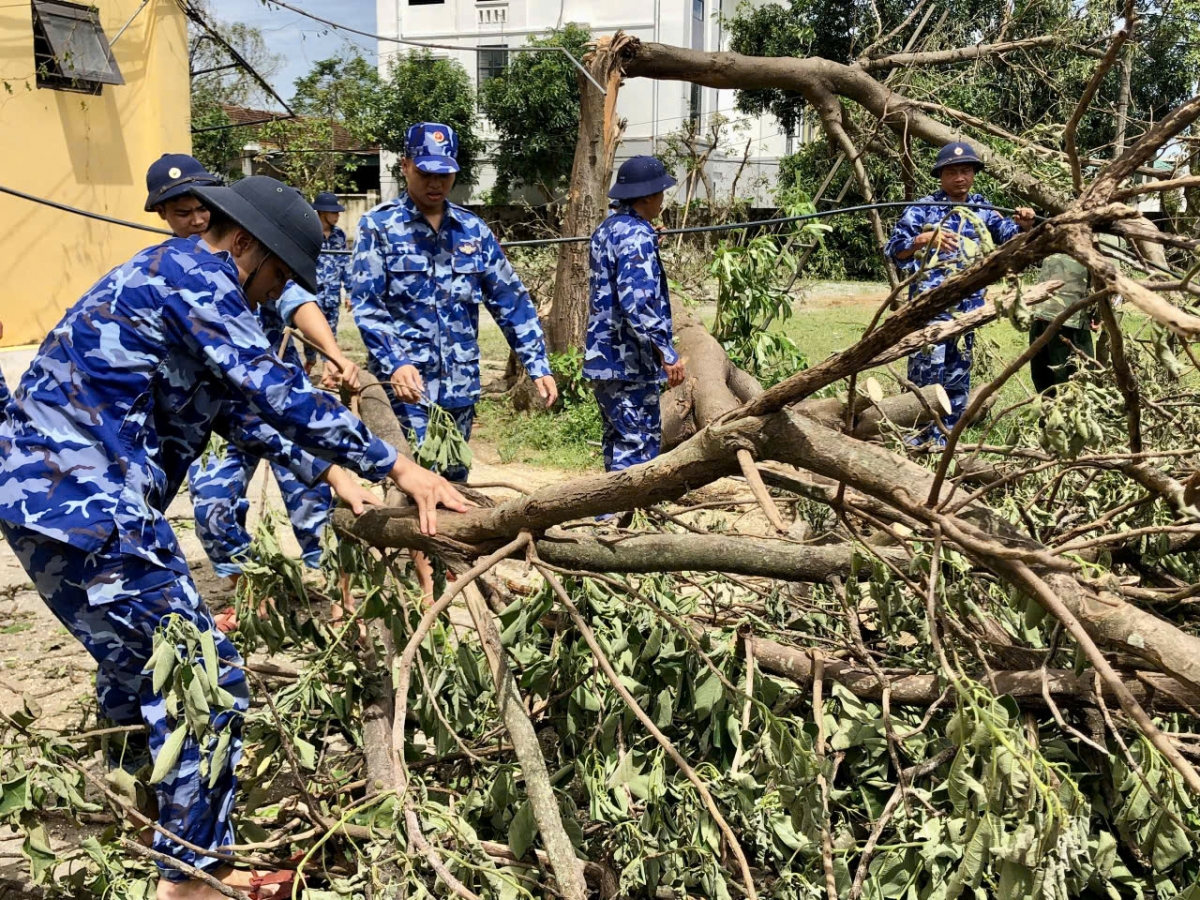  Giúp trường THCS Nguyễn Trãi (xã Tiên Điền, Hà Tĩnh) thu dọn cây cối gãy đổ