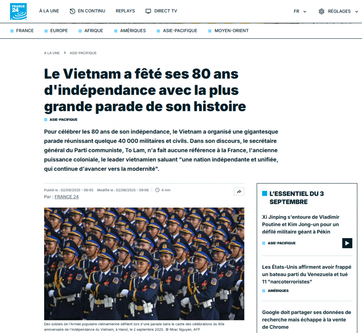 Tờ France 24 giới thiệu về Lễ diễu binh tại Việt Nam