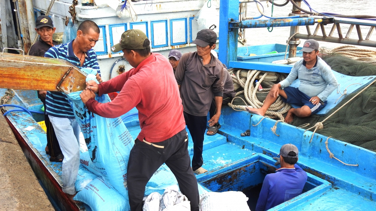 Ngư dân chuyển đá lạnh xuống hầm tàu chuẩn bị cho đợt vươn khơi đánh bắt cá.