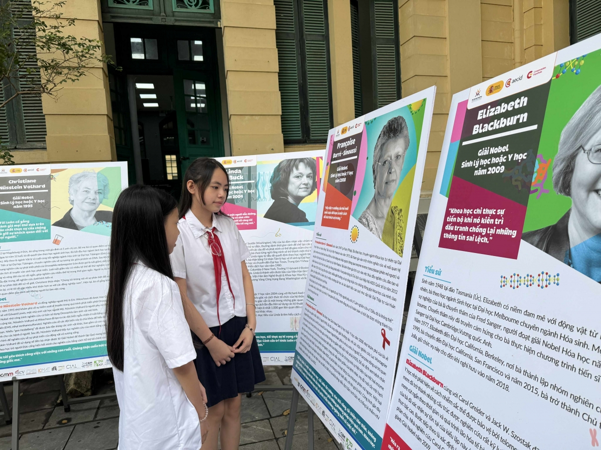 Học sinh chăm chú tìm hiểu những thành tựu vĩ đại của các nữ khoa học trên thế giới
