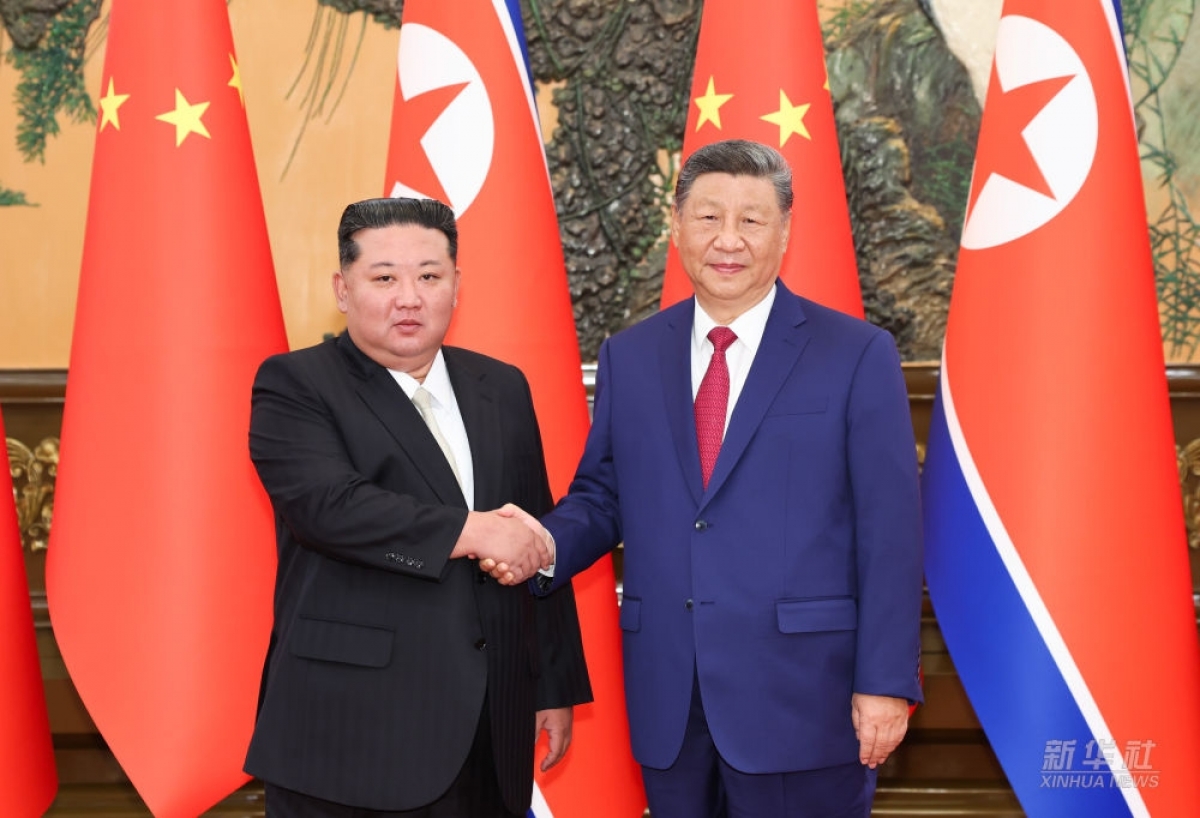 Chủ tịch Trung Quốc Tập Cận Bình và Nhà lãnh đạo Triều Tiên Kim Jong Un ngày 4/9. Ảnh: Tân Hoa xã