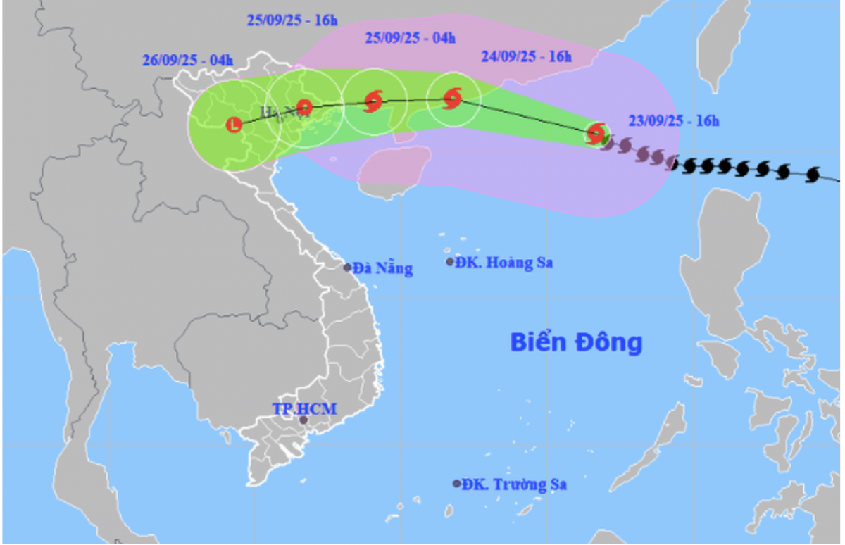 Bão số 9 Ragasa dự báo đổ bộ vào Bắc Bộ trong ngày 25-9. Ảnh: Trung tâm Dự báo khí tượng thủy văn quốc gia