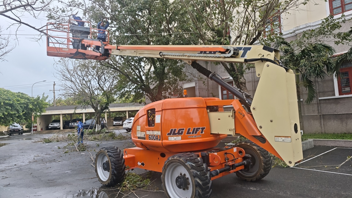 Cán bộ, chiến sỹ cắt tỉa cây xanh phòng chống bão số 13