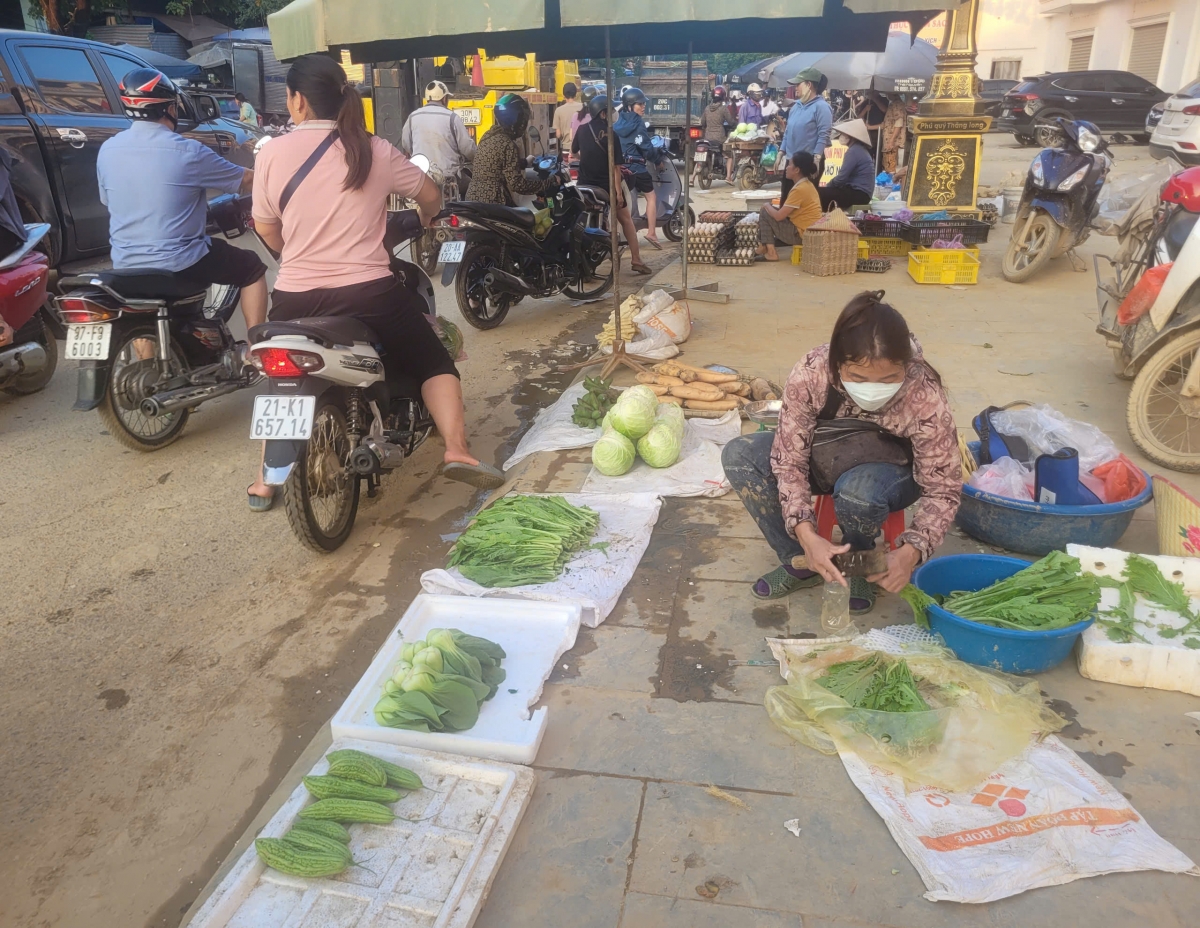 Chị Nguyễn Thị Anh (phường Phan Đình Phùng) bày bán vài mới rau gom được sau khi lũ rút