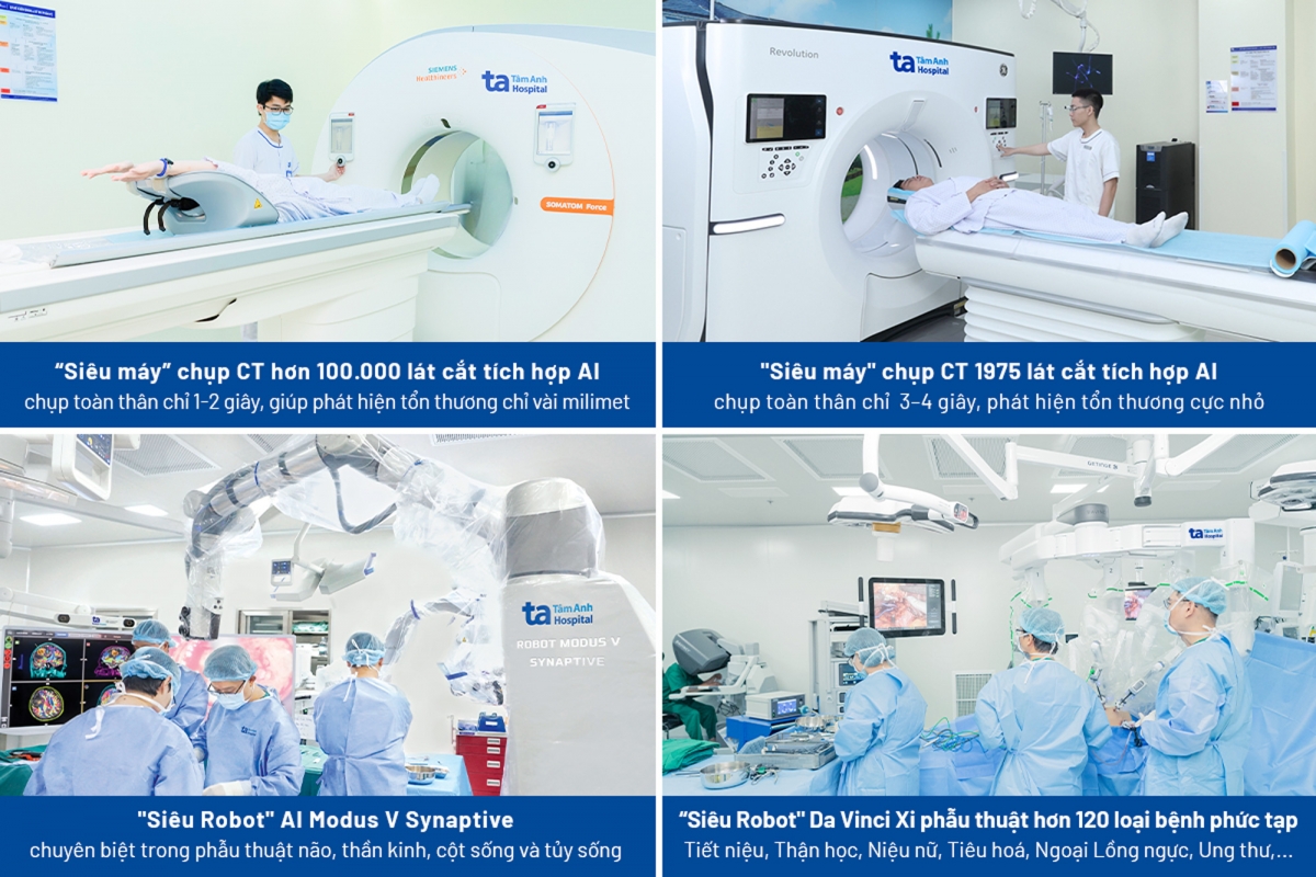 Hệ sinh thái y tế Tâm Anh đầu tư đồng bộ máy móc công nghệ cao hiện đại hàng đầu thế giới như “siêu máy” chụp CT hơn 100.000 lát cắt, Robot phẫu thuật Da Vinci Xi thế hệ mới… phục vụ khám chữa bệnh hiệu quả