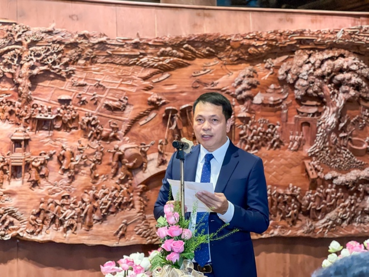 Ông Lê Xuân Kiêu, Giám đốc Trung tâm Hoạt động Văn hóa Khoa học Văn Miếu – Quốc Tử Giám phát biểu tại buổi lễ