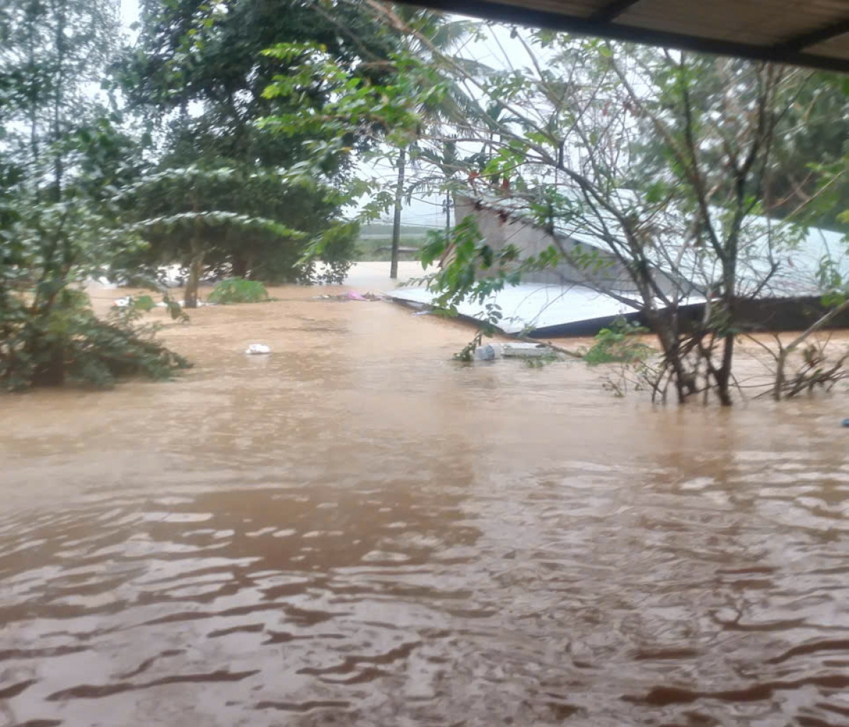 Nước lũ gần ngập mái nhà.