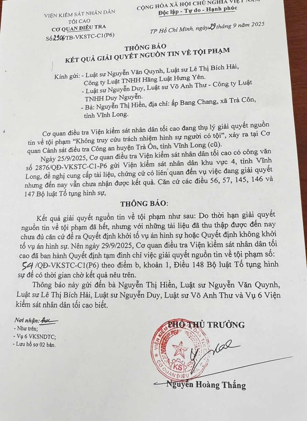 Thông báo của Cơ quan Điều tra Viện KSND tối cao