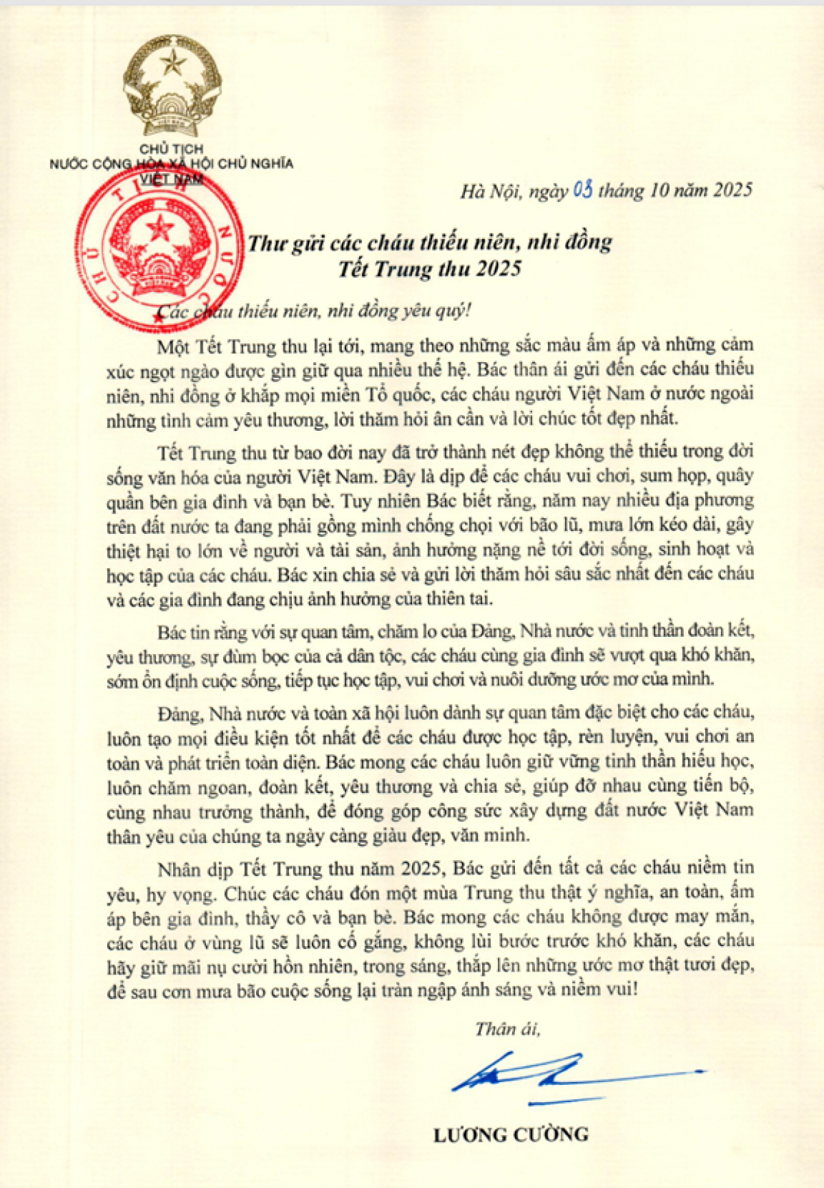 Chủ tịch nước Lương Cường gửi Thư chúc Tết Trung thu tới
các cháu thiếu niên, nhi đồng ở trong và ngoài nước.