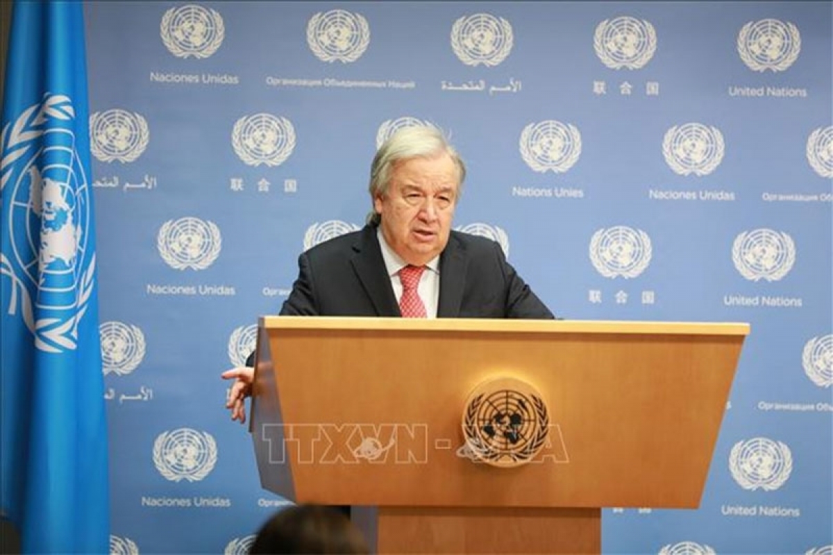 Tổng thư ký LHQ Antonio Guterres phát biểu tại cuộc họp báo ở New York, Mỹ. Ảnh: THX/TTXVN