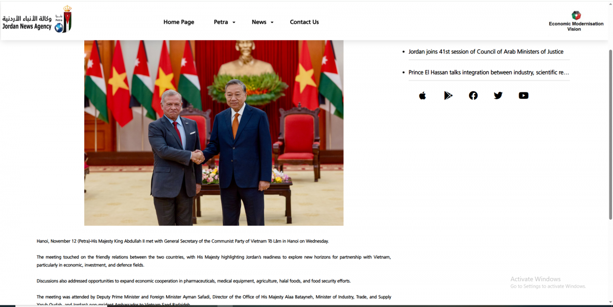 Báo chí Jordan đưa tin đậm nét về chuyến thăm chính thức Việt Nam của Quốc vương Abdullah II