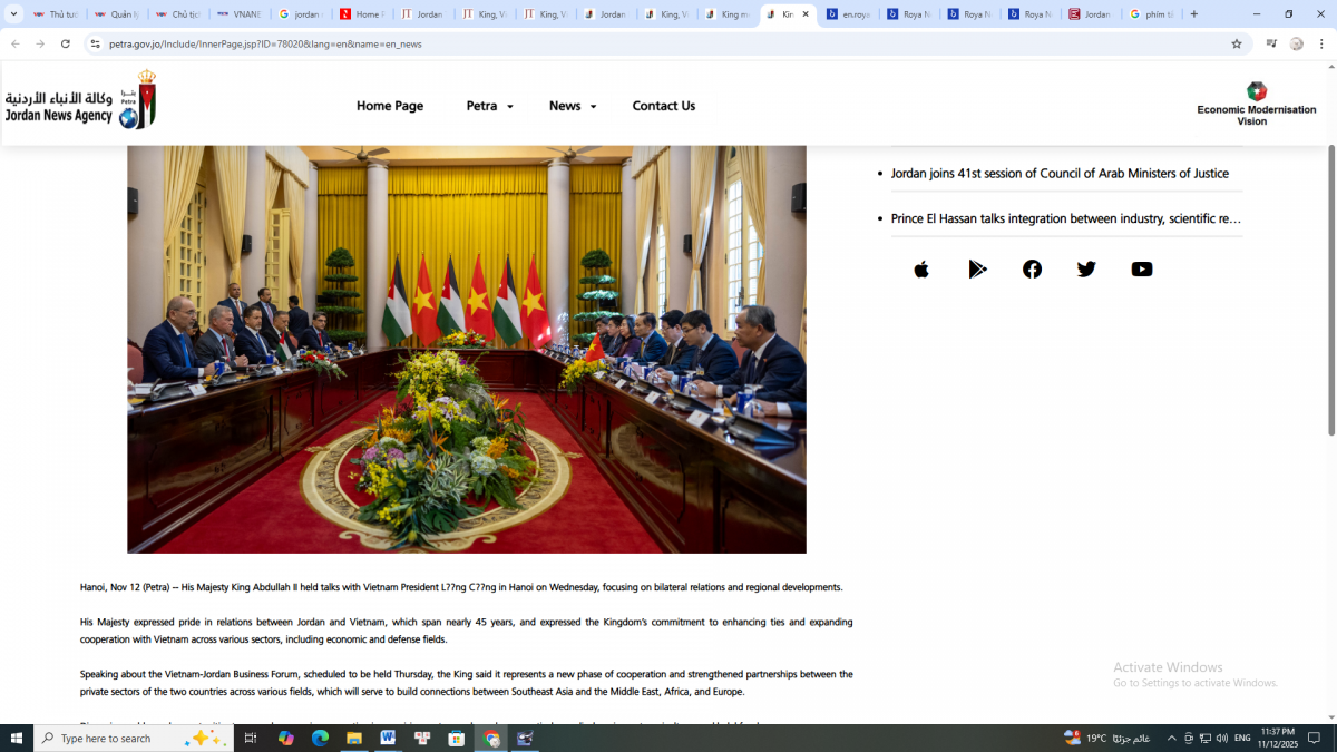 Báo chí Jordan đưa tin đậm nét về chuyến thăm chính thức Việt Nam của Quốc vương Abdullah II