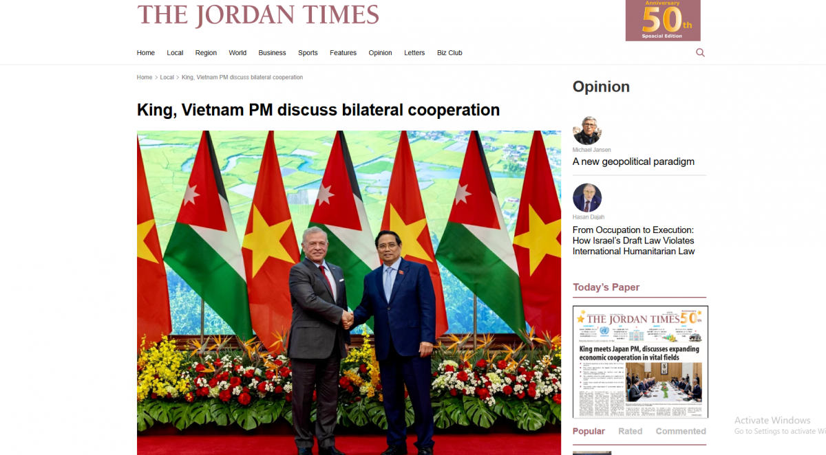 Báo chí Jordan đưa tin đậm nét về chuyến thăm chính thức Việt Nam của Quốc vương Abdullah II