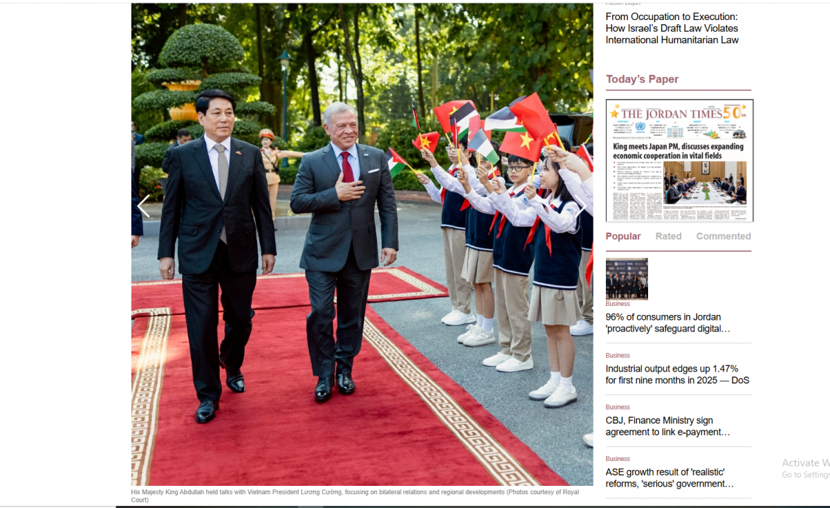 Báo chí Jordan đưa tin đậm nét về chuyến thăm chính thức Việt Nam của Quốc vương Abdullah II
