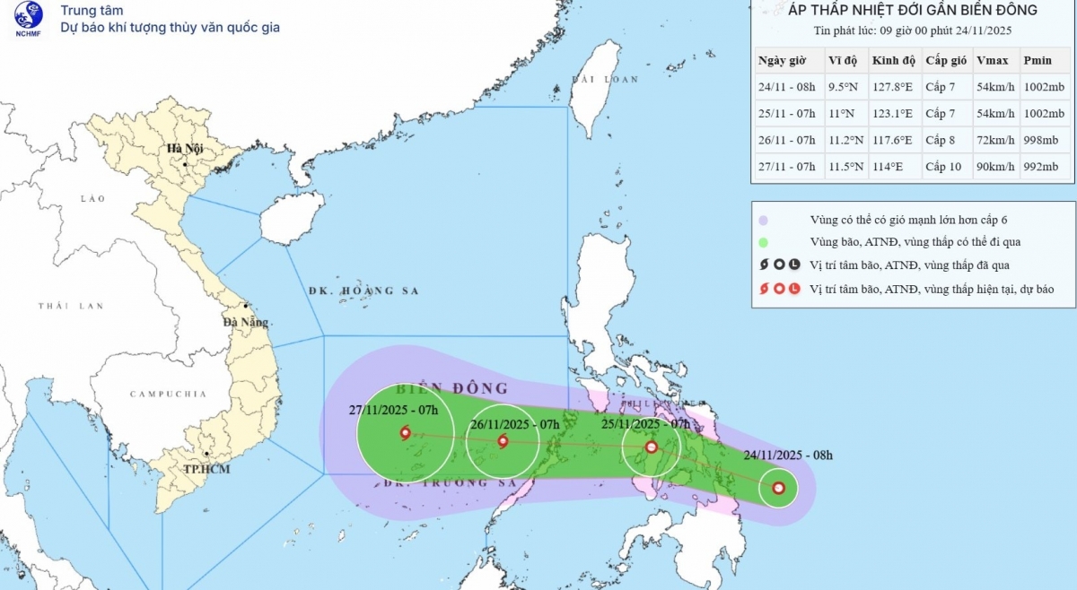 Bản đồ dự báo quỹ đạo của áp thấp nhiệt đới có khả năng mạnh lên thành bão và di chuyển vào Biển Đông. Nguồn: Trung tâm Dự báo khí tượng thủy văn quốc gia.