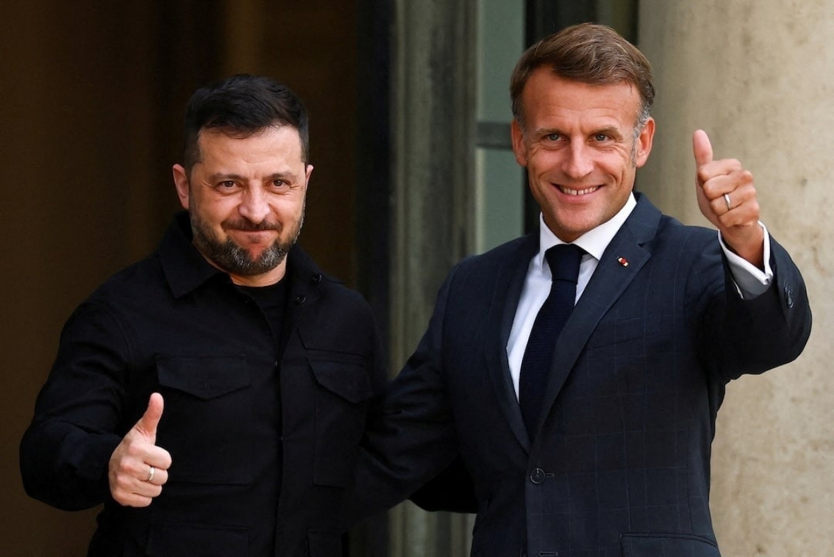 Tổng thống Ukraine Volodymyr Zelensky và Tổng thống Pháp Emmanuel Macron gặp nhau ngày 3/9. (Ảnh: Reuters)