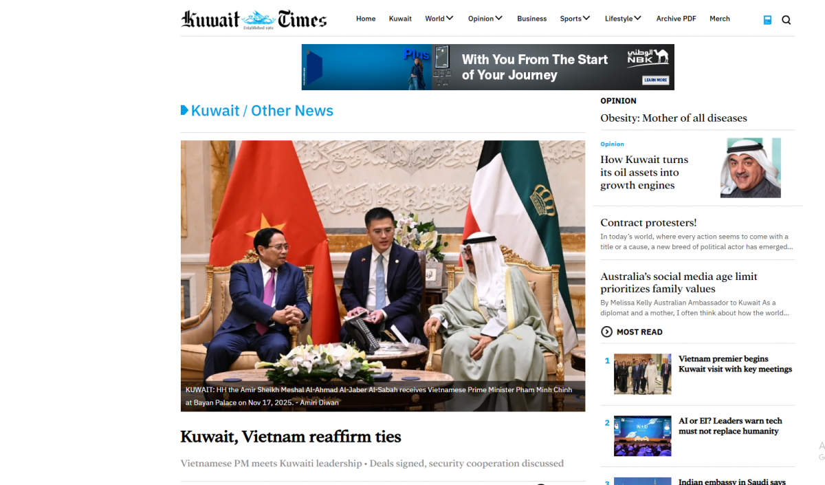 Báo chí Kuwait đưa tin đậm nét về chuyến thăm của Thủ tướng Phạm Minh Chính