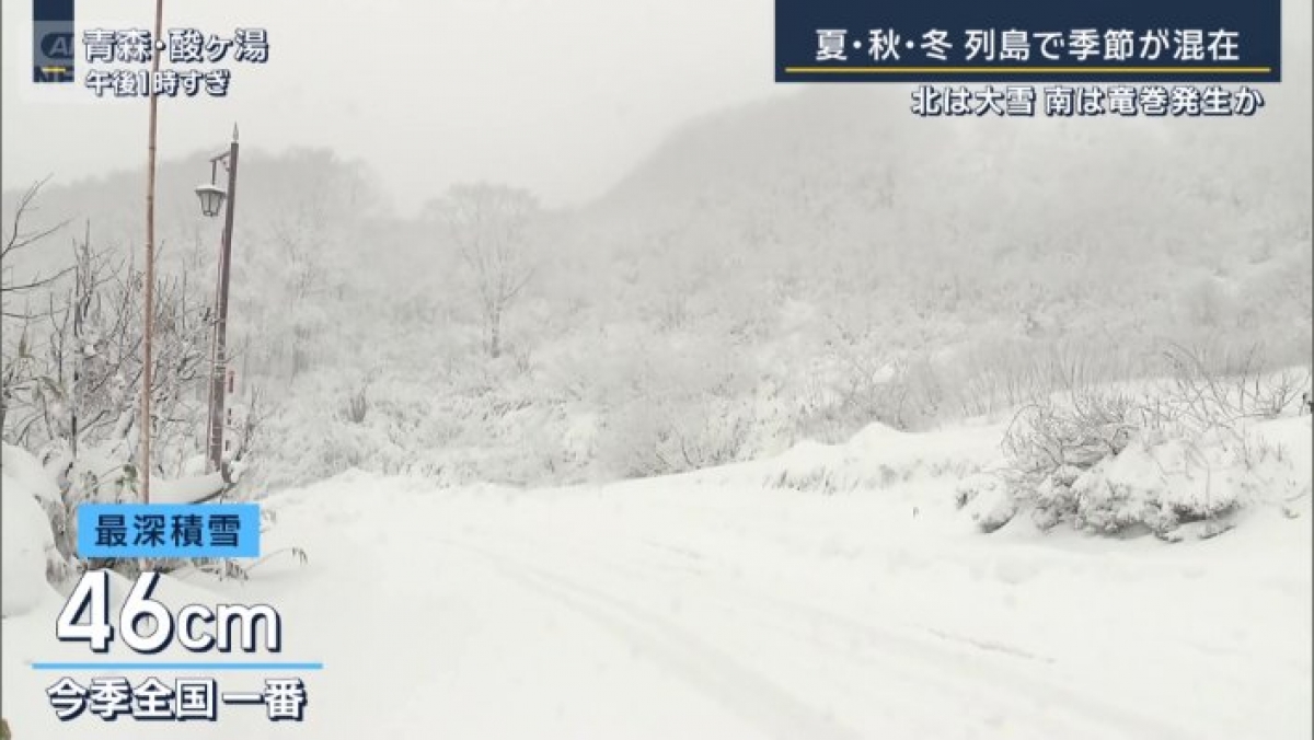 Tỉnh Aomori - miền Bắc Nhật Bản đón đợt tuyết đầu tiên lên tới 46cm (ảnh: NTV)
