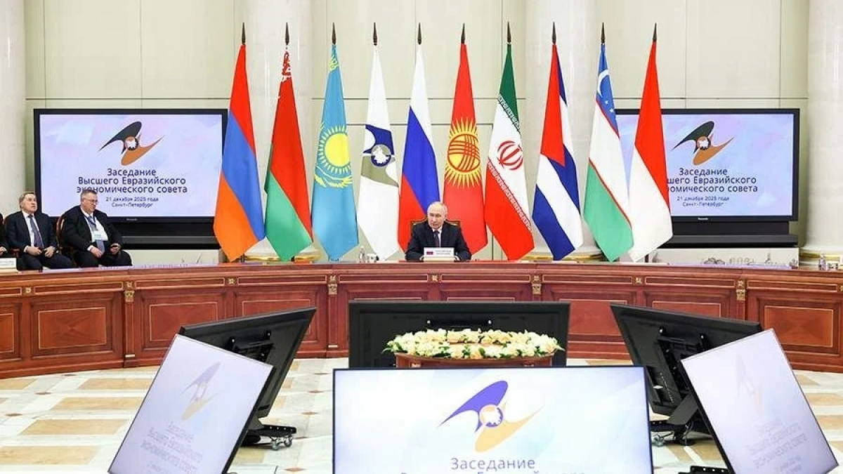 Tổng thống Nga Vladimir Putin chủ trì phiên họp Hội đồng Tối cao Ủy ban Kinh tế Á-Âu - cơ quan quyền lực cao nhất của Liên minh Kinh tế Á-Âu (EAEU) diễn ra tại Saint Petersburg, Nga ngày 21/12/2025. Ảnh: En.iz.ru.