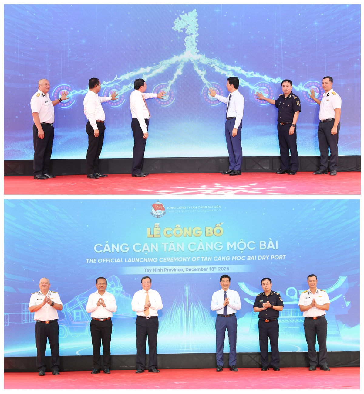 Các đại biểu thực hiện nghi thức công bố vận hành Cảng cạn Tân Cảng Mộc Bài