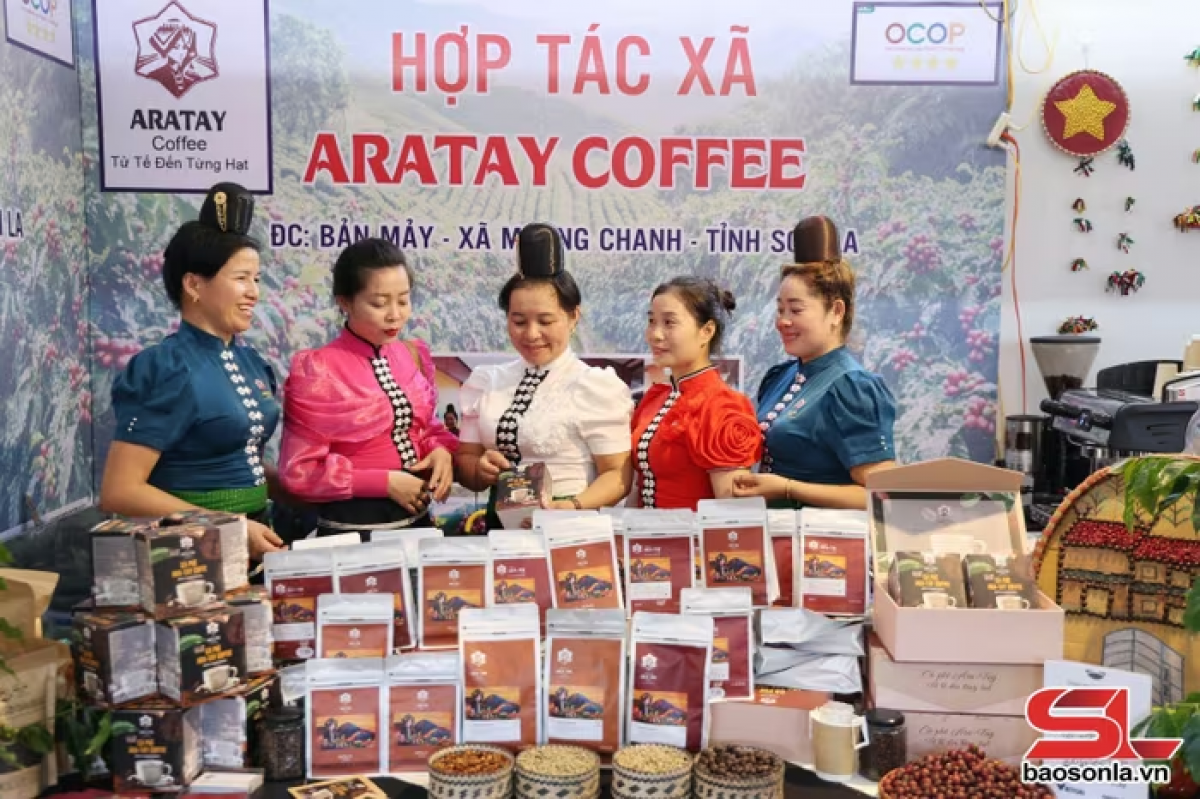 Gian hàng trưng bày sản phẩm của HTX Ara Tay Coffee, xã Mường Chanh.