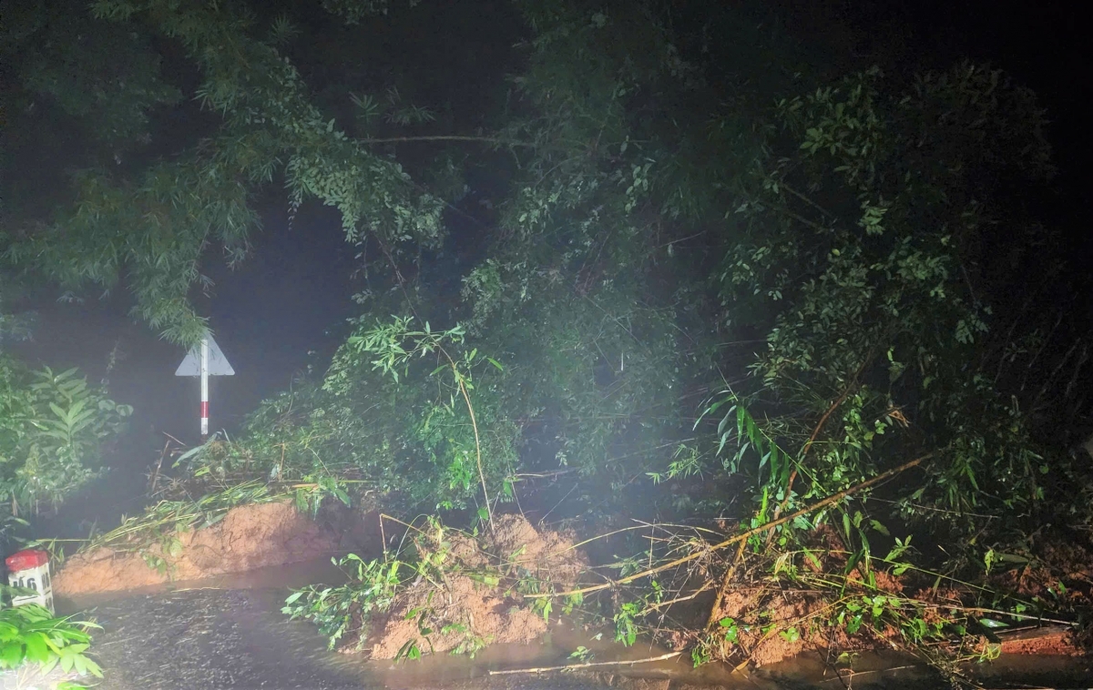 Đất đá và cây rừng từ taluy dương đổ ập xuống, vùi lấp mặt đường đèo Gia Bắc khiến giao thông trên Quốc lộ 28 bị chia cắt trong đêm (ảnh CTV).