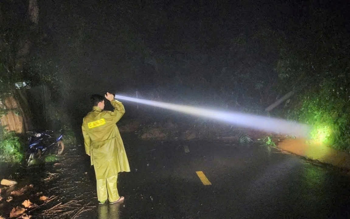 Lực lượng chức năng xã Sơn Điền dùng đèn pin kiểm tra hiện trường sạt lở trong đêm 3/12 trên đèo Gia Bắc, Quốc lộ 28 (ảnh CTV).