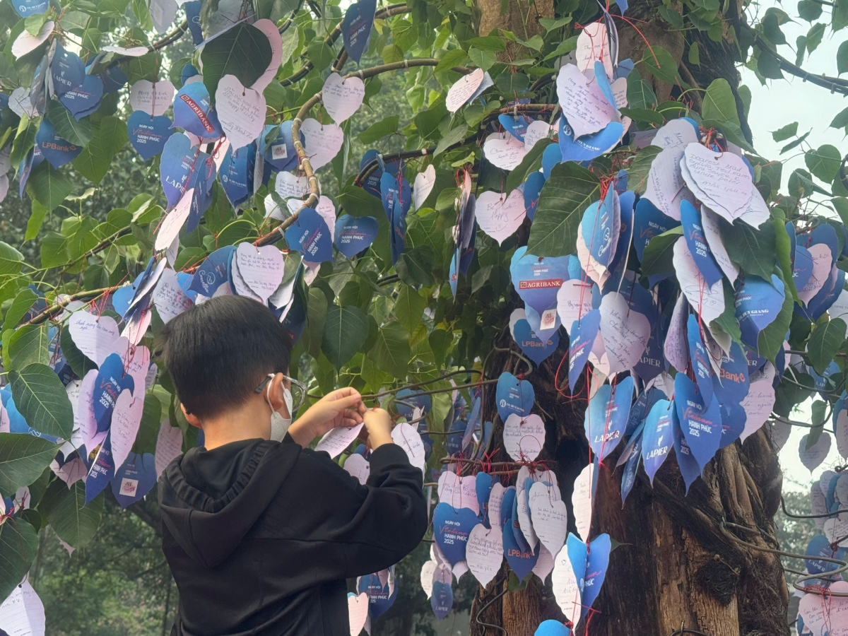 Người dân và du khách ghi lại những lời nhắn cho người yêu thương và dán phiếu lên cây hạnh phúc